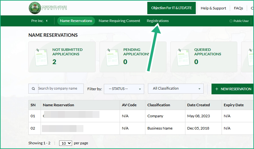 CAC registered entities tab